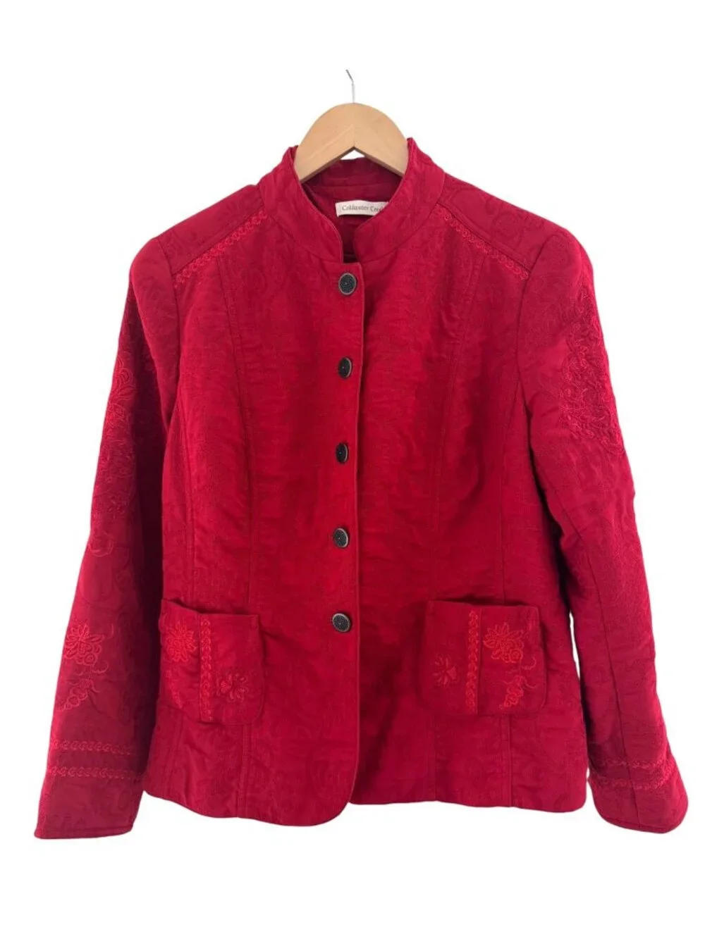 Coldwater Creek Red Jacquard Button Jacket Size 14 Blazer Pockets Coat Holiday